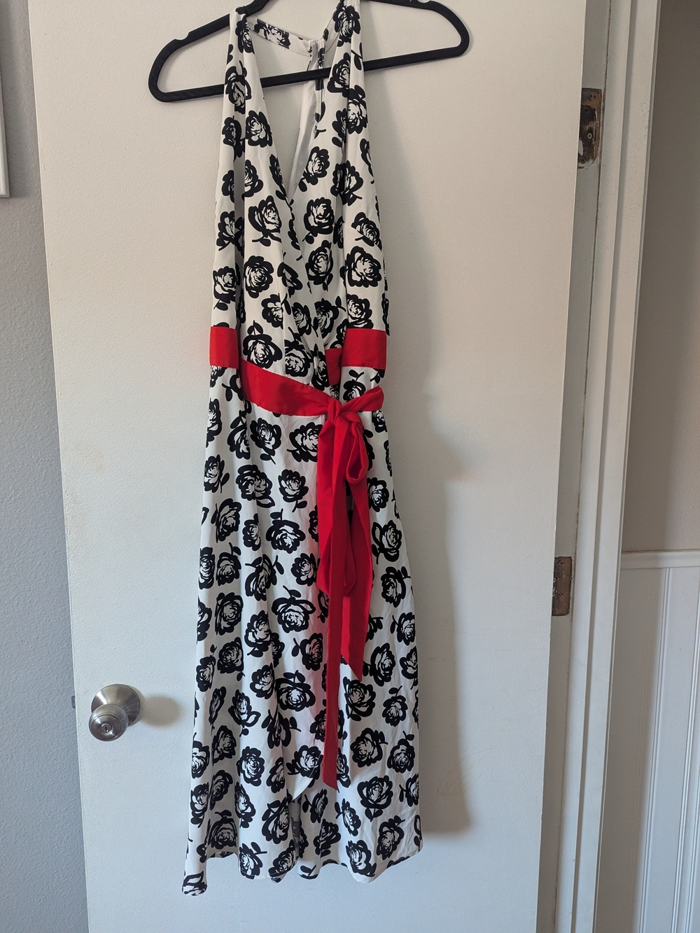 Unique Vintage Black & White Floral Halter Dress with Red Sash